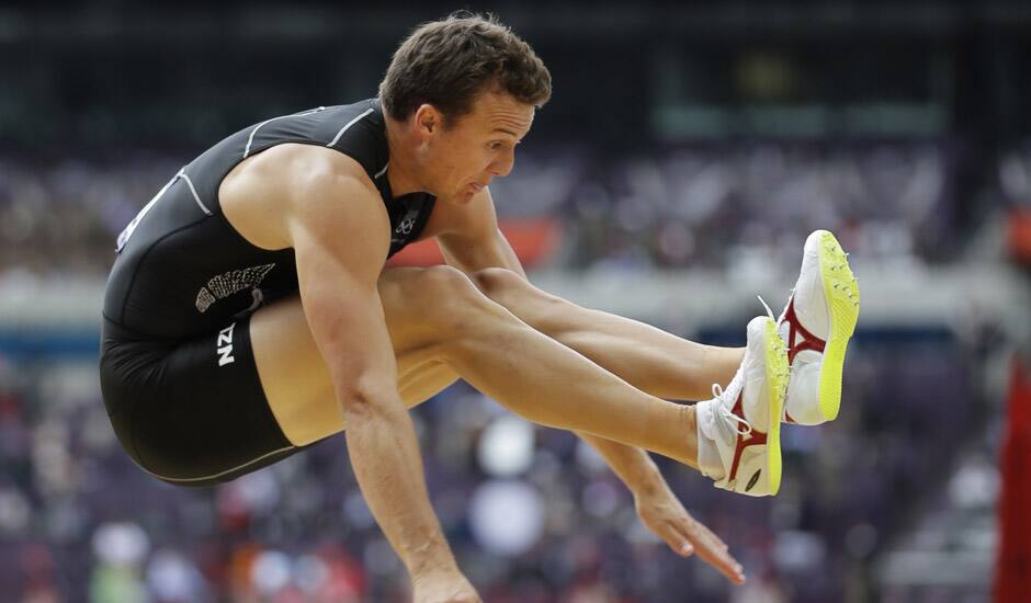 New Zealand's Brent Newdick competes in a decathlon long jump during the athletics in the Olympic Stadium at the 2012 Summer Olympics, London.