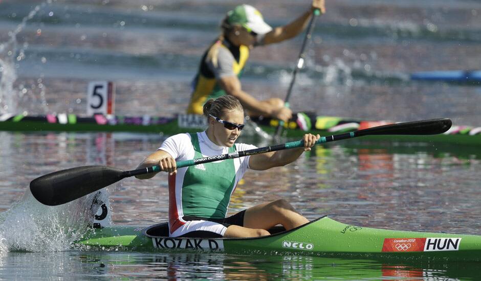 Hungary's Danula Kozak paddles on her way to winning the gold medal in the women's kayak single 500m in Eton Dorney, near Windsor, England, at the 2012 Summer Olympics.