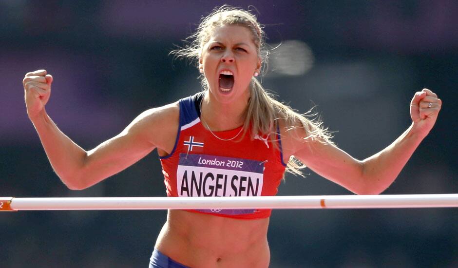 Norway's Tonje Angelsen reacts after competing in a women's high jump qualification round during the athletics in the Olympic Stadium at the 2012 Summer Olympics, London.