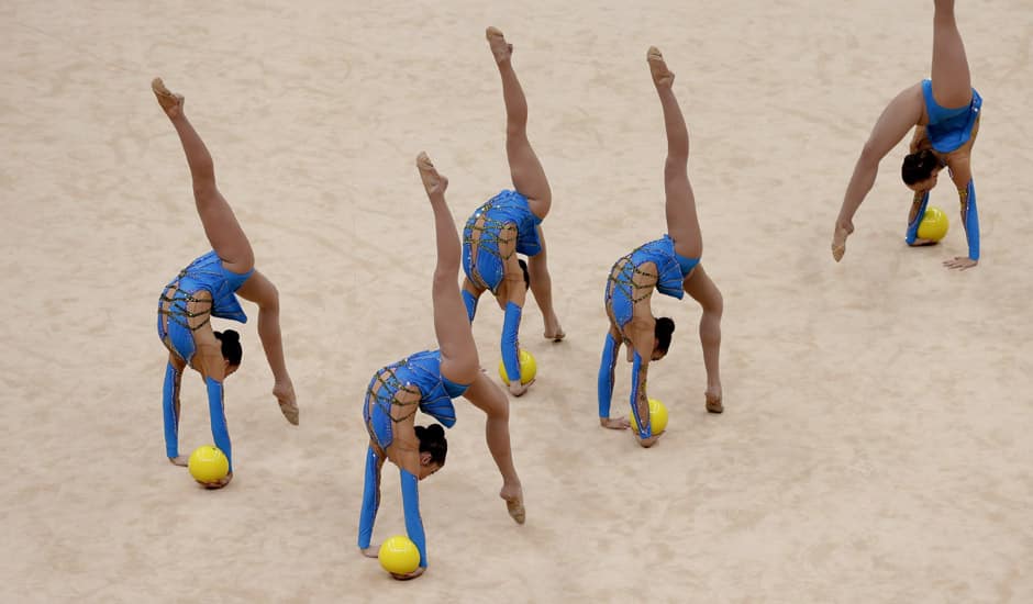 The team from Britain during performs during the rhythmic gymnastics group all-around qualifications at at the 2012 Summer Olympics, in London.