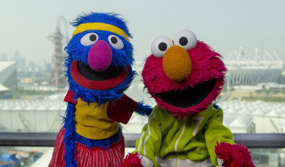 Grover and Elmo, from Sesame Street visit the Olympic Park in Stratford in east London.