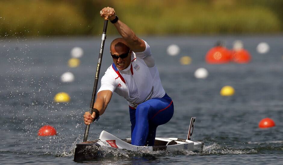 France's Mathieu Goubel competes in the men's canoe single 200-meter semifinal at the 2012 Summer Olympics in Eton Dorney, near Windsor, England.