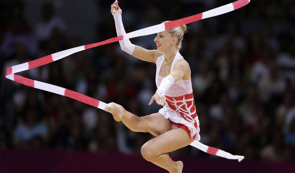 Austria's Caroline Weber performs during the rhythmic gymnastics individual all-around qualifications at the 2012 Summer Olympics in London.