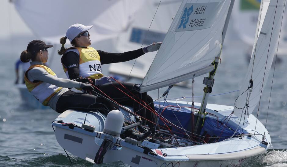 New Zealand's crew Jo Aleh, left, and Olivia Powrie compete during the 470 women's class medal race at the London 2012 Summer Olympics in Weymouth and Portland, England.