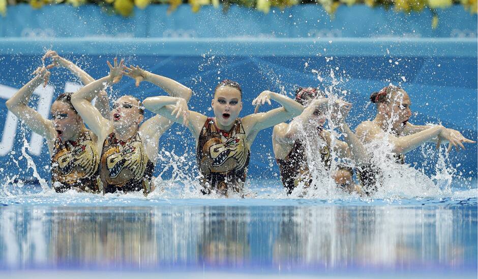 The team of Russia and winner of the gold medal competes during the women's team synchronized swimming free routine at the Aquatics Centre in the Olympic Park during the 2012 Summer Olympics in London.