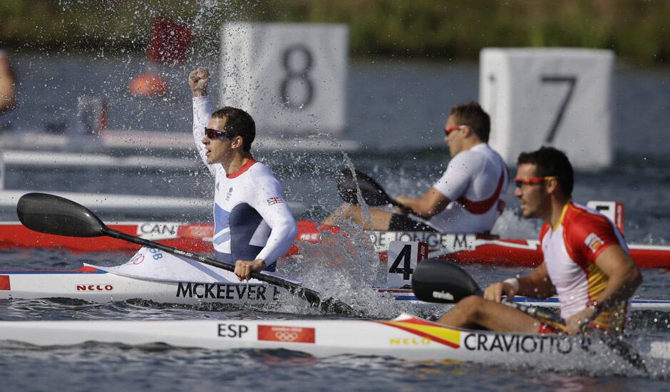 Great Britain's Ed McKeever, celebrates after winning a gold medal in the men's kayak single 200m in Eton Dorney, near Windsor, England, at the 2012 Summer Olympics.