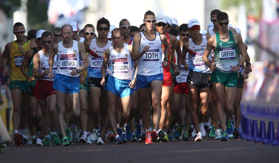 Athletes compete in the men's 50-kilometer race walk at the 2012 Summer Olympics.