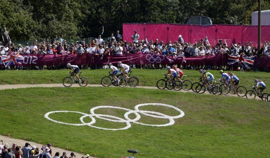 Riders compete during the Mountain Bike Cycling women's race, at the 2012 Summer Olympics.