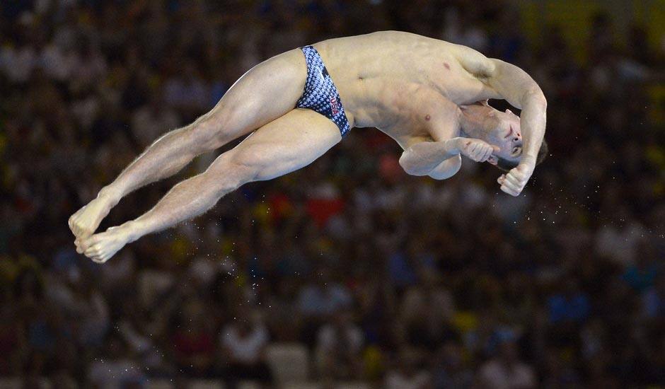 David Boudia of the United States dives during the men's 10-meter platform diving final at the Aquatics Centre in the Olympic Park during the 2012 Summer Olympics.