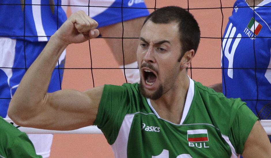 Bulgaria's Nikolay Nikolov celebrates during a men's bronze medal volleyball match against Italy at the 2012 Summer Olympics.