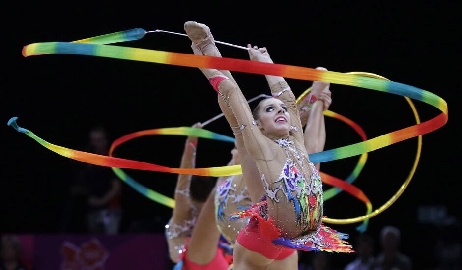 The gold medallist team from Russia performs during the rhythmic gymnastics group all-around final at the 2012 Summer Olympics.