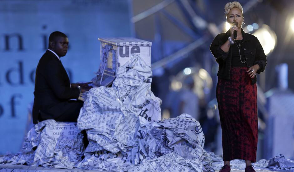 Emeli Sande performs during the Closing Ceremony at the 2012 Summer Olympics, Sunday, Aug. 12, 2012, in London.