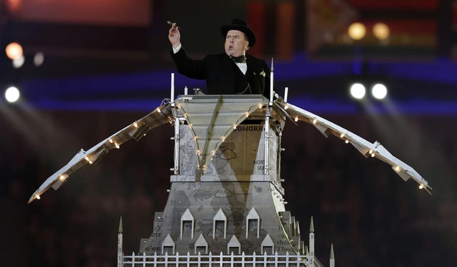 An artist imitating Winston Churchill performs during the Closing Ceremony at the 2012 Summer Olympics, Sunday, Aug. 12, 2012, in London.