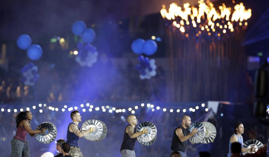 Percussion group Stomp performs during the Closing Ceremony at the 2012 Summer Olympics, Sunday, Aug. 12, 2012, in London.