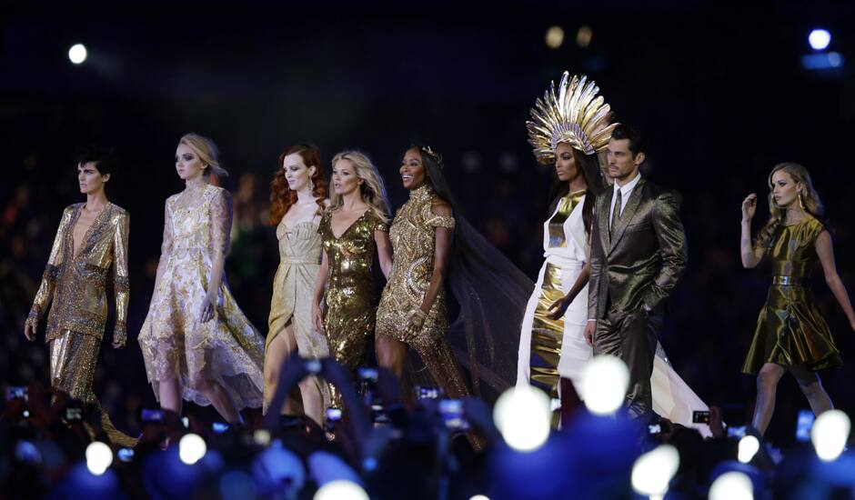 British model Naomi Campbell, fourth right, walks with other models during the Closing Ceremony at the 2012 Summer Olympics, Sunday, Aug. 12, 2012, in London.