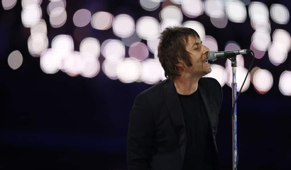 Liam Gallagher performs during the Closing Ceremony at the 2012 Summer Olympics, Sunday, Aug. 12, 2012, in London