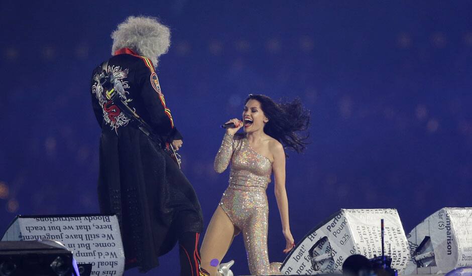 British singer Jessie J performs with Brian May, guitarist of the British rock band Queen, during the Closing Ceremony at the 2012 Summer Olympics, Sunday, Aug. 12, 2012, in London.