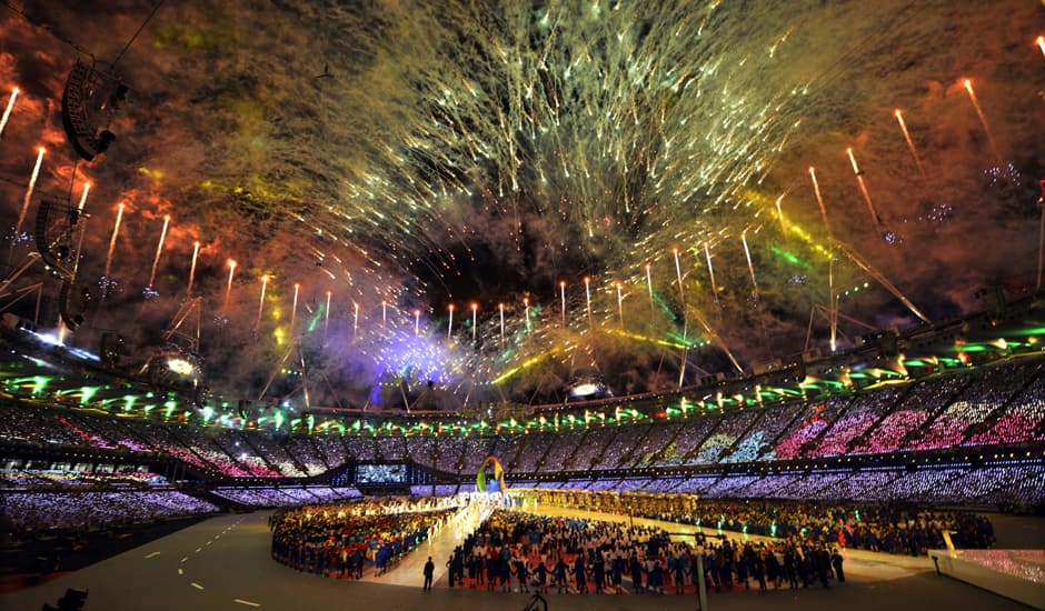 Fireworks explode over the stadium during the Closing Ceremony at the 2012 Summer Olympics, Sunday, Aug. 12, 2012, in London