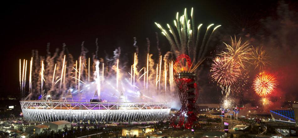 Fireworks explode over the Olympic Stadium at the closing ceremony of the 2012 Summer Olympics, Monday, Aug. 13, 2012, in London.