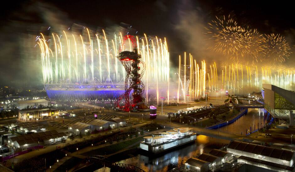 Fireworks light up the Olympic Stadium during the Opening Ceremony for the 2012 Summer Olympics in London