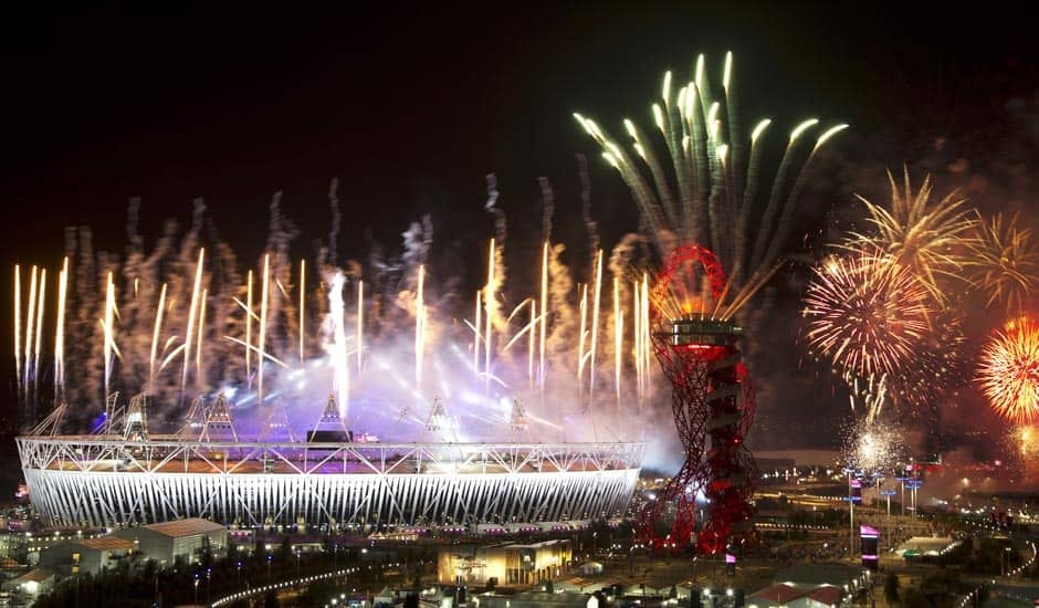 Fireworks explode over the Olympic Stadium at the closing ceremony of the 2012 Summer Olympics.