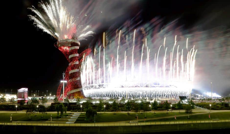 Fireworks explode during the Closing Ceremony of the 2012 Summer Olympics.