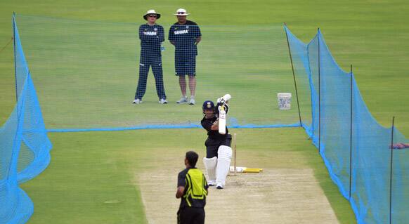 Sachin Tendulkar bats during a practice session in Hyderabad.