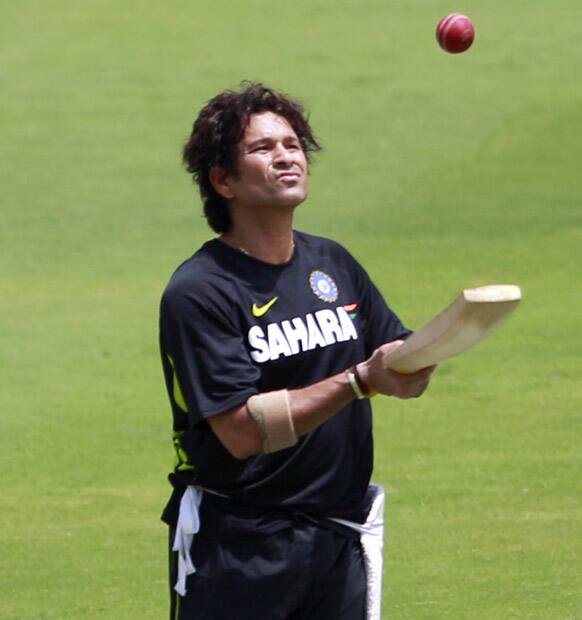 Sachin Tendulkar attends a practice session in Hyderabad.