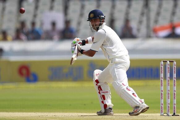 Gautam Gambhir plays a shot during the first day of the first test cricket match against New Zealand in Hyderabad.