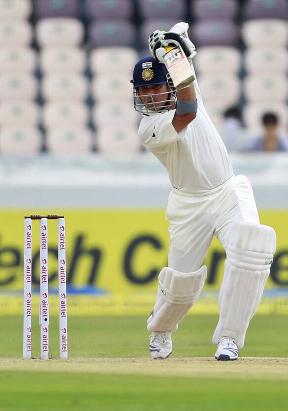 Sachin Tendulkar bats during the first day of the first cricket test match against New Zealand in Hyderabad.