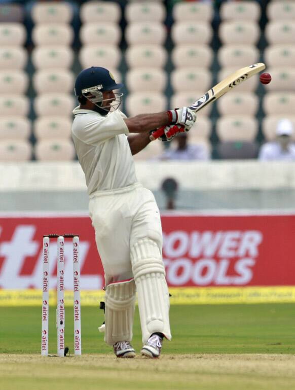 Cheteshwar Pujara bats during the second day of the first cricket test match against New Zealand in Hyderabad.