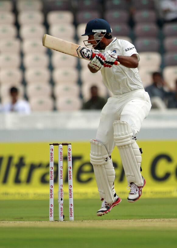 Cheteshwar Pujara bats during the second day of the first cricket test match against New Zealand in Hyderabad.