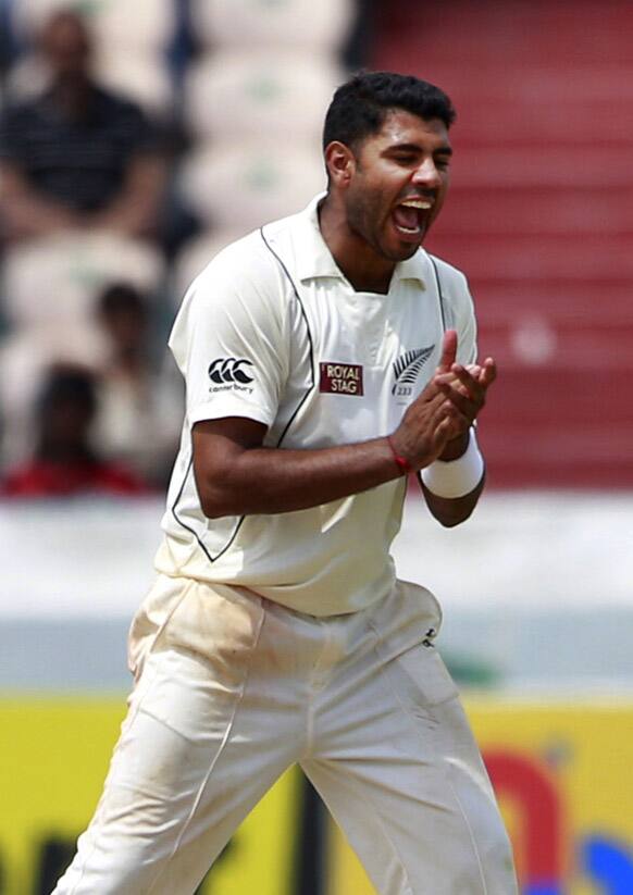 Jeetan Patel celebrates the dismissal of Ravichandran Ashwin during the second day of the first cricket test match against India in Hyderabad.