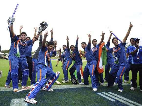 Indian players celebrate their victory over Australia in the the 2012 ICC U19 Cricket World Cup final in Townsville.