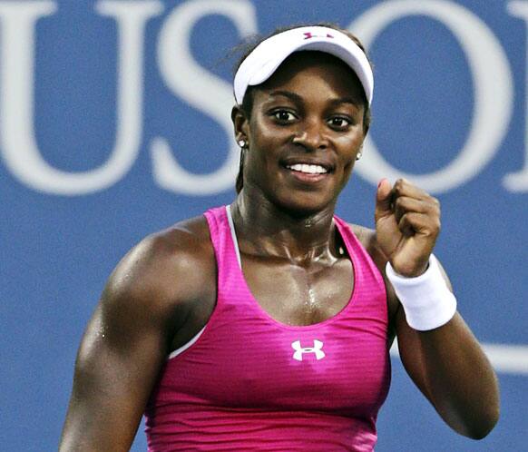 Sloane Stephens pumps her fist after defeating Francesca Schiavone, of Italy, 6-3, 6-4 in the first round of play at the U.S. Open tennis tournament.