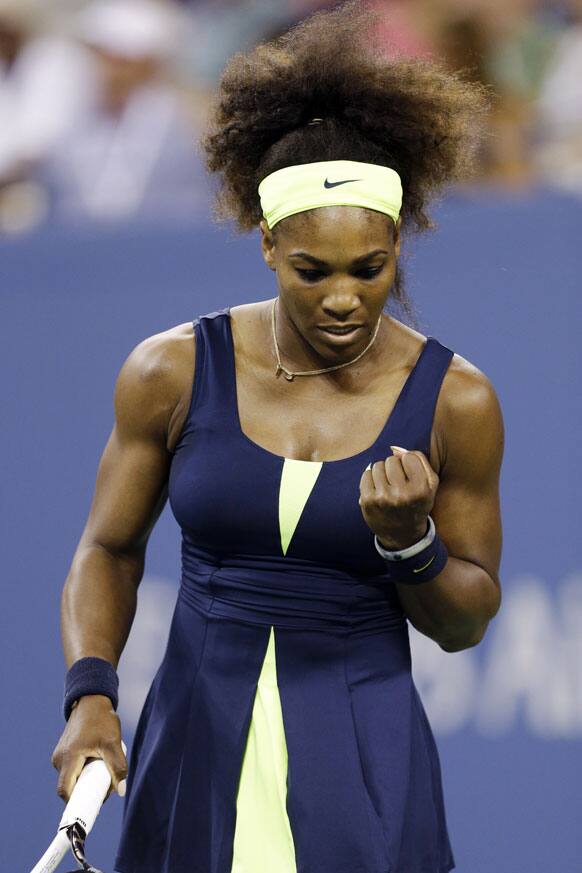 Serena Williams reacts during a match against Coco Vandeweghe at the U.S. Open tennis tournament.