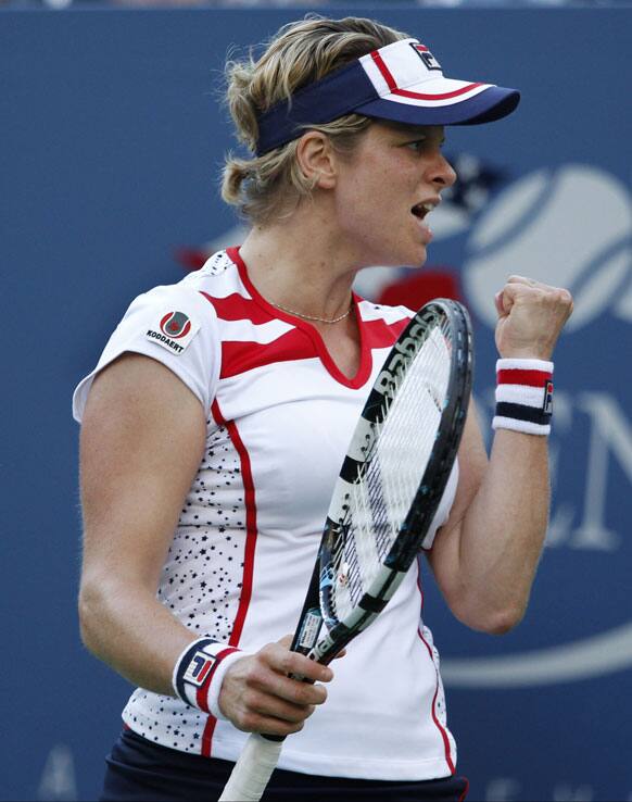 Kim Clijsters of Belgium exults during her match with Laura Robson of Great Britain in the second round of play at the 2012 US Open tennis tournament.