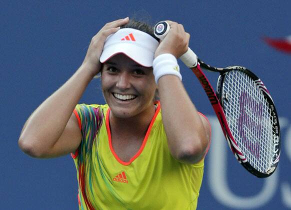 Laura Robson of Great Britain reacts after beating Kim Clijsters of Belgium in the second round of play at the 2012 US Open tennis tournament.