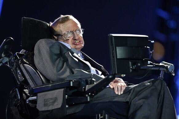 British physicist, Professor Stephen Hawking speaks during the Opening Ceremony for the 2012 Paralympics in London.