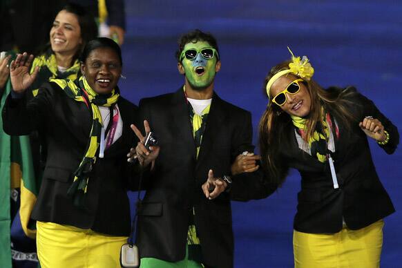 Brazilian team members react during the Opening Ceremony for the 2012 Paralympics in London.