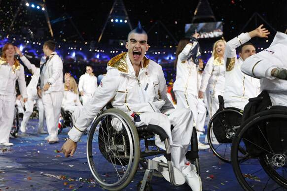 A member of the British team reacts during the Opening Ceremony for the 2012 Paralympics in London.