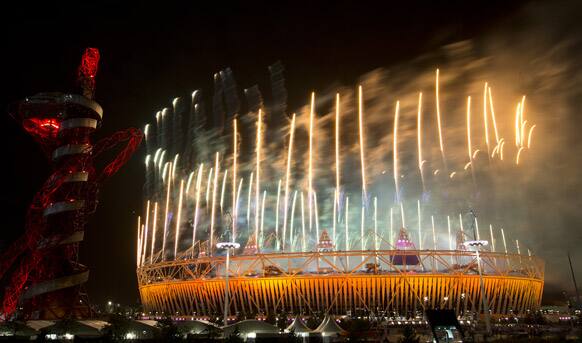 Fireworks explode over the Olympic stadium during the opening ceremony for the 2012 Paralympics games in London.