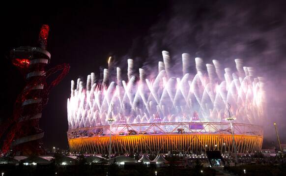 Fireworks explode over the Olympic stadium during the opening ceremony for the 2012 Paralympics games in London.