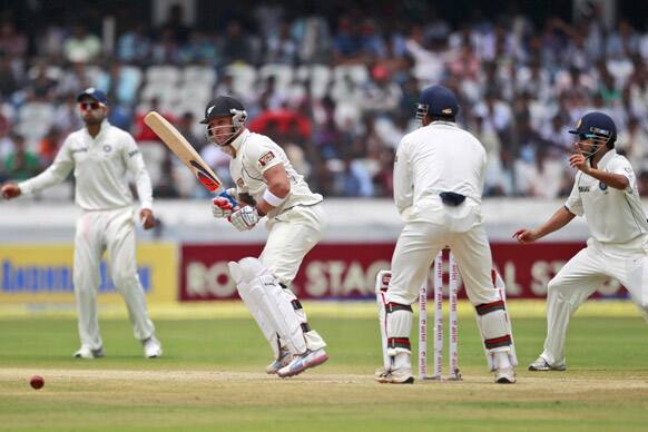 Brendon McCullum bats during the third day of the first cricket test match against India in Hyderabad.