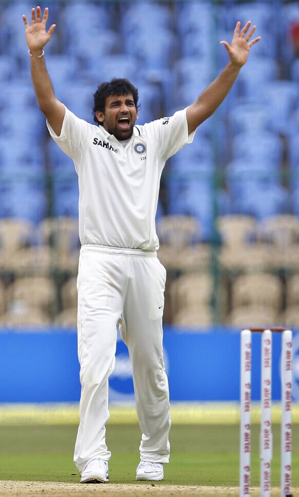 Zaheer Khan appeals unsuccessfully for the wicket of New Zealand captain Ross Taylor during the first day of their second cricket test match in Bangalore.