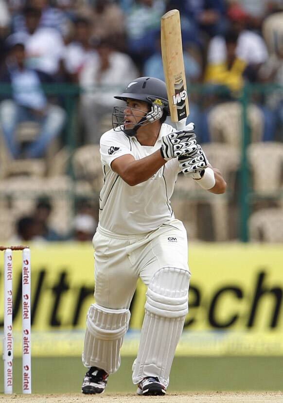 Ross Taylor bats during the first day of their second cricket test match against India in Bangalore.