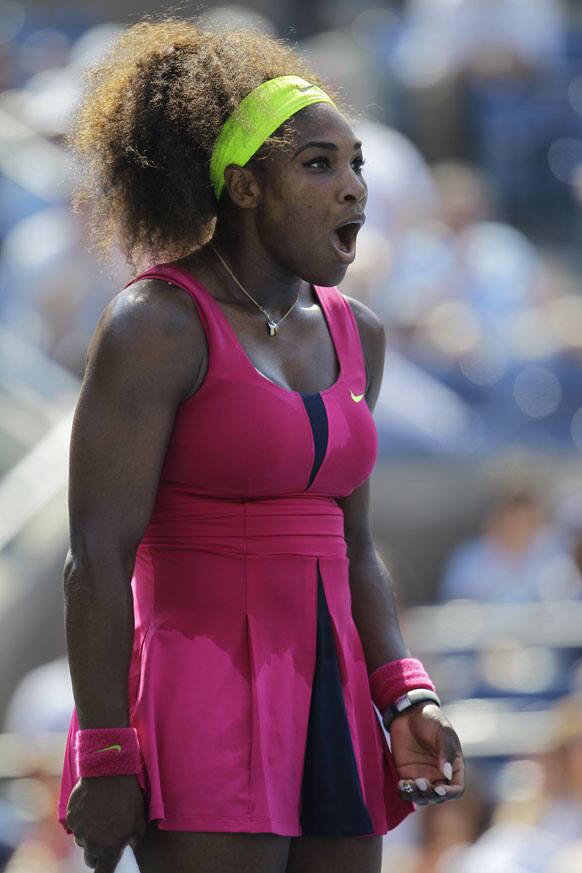 Serena Williams reacts during her match against Russia's Ekaterina Makarova in the third round of play at the 2012 US Open tennis tournament.