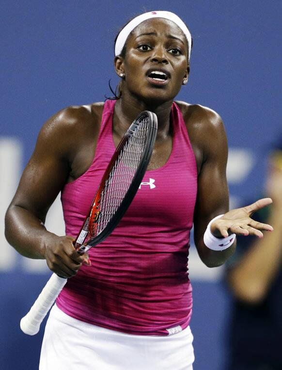 Sloane Stephens reacts following a double fault during a match against Ana Ivanovic, of Serbia, at the US Open tennis tournament.