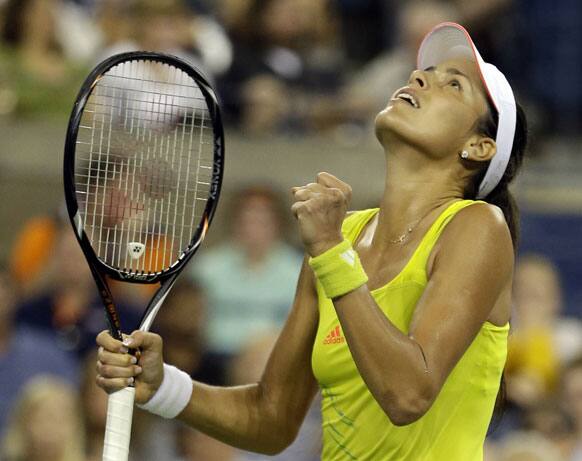 Ana Ivanovic, of Serbia, reacts after defeating Sloane Stephens 6-7 (4), 6-4, 6-2 in a match at the US Open tennis tournament.