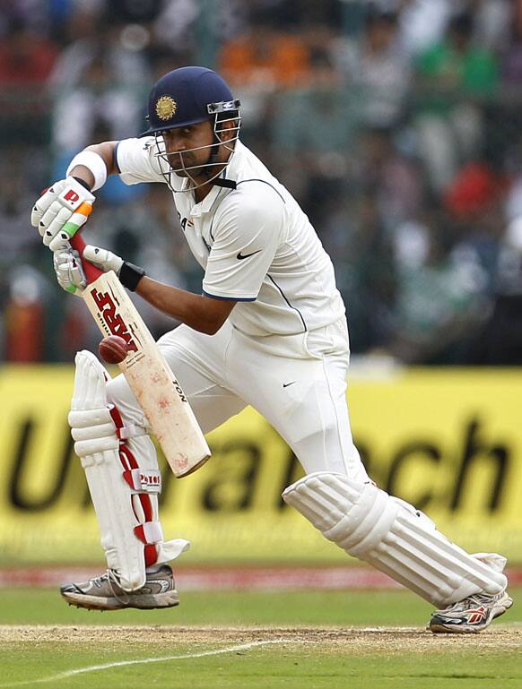 Gautam Gambhir plays a shot during the fourth day of their second cricket test match against New Zealand in Bangalore.